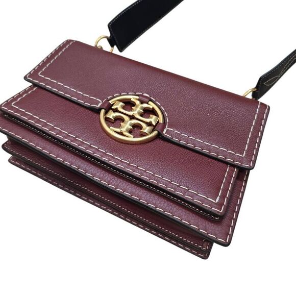 Tory Burch Miller Women's Burgundy‎ Red Leather Formal Western Flap Shoulder Bag - Picture 3 of 13